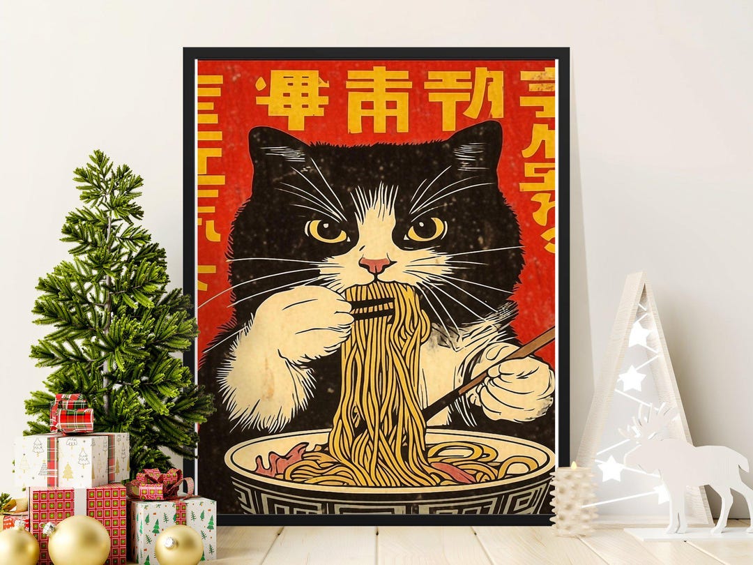 Vintage Cat Eating Ramen Poster, Japanese Art Style, Retro Wall Decor ...