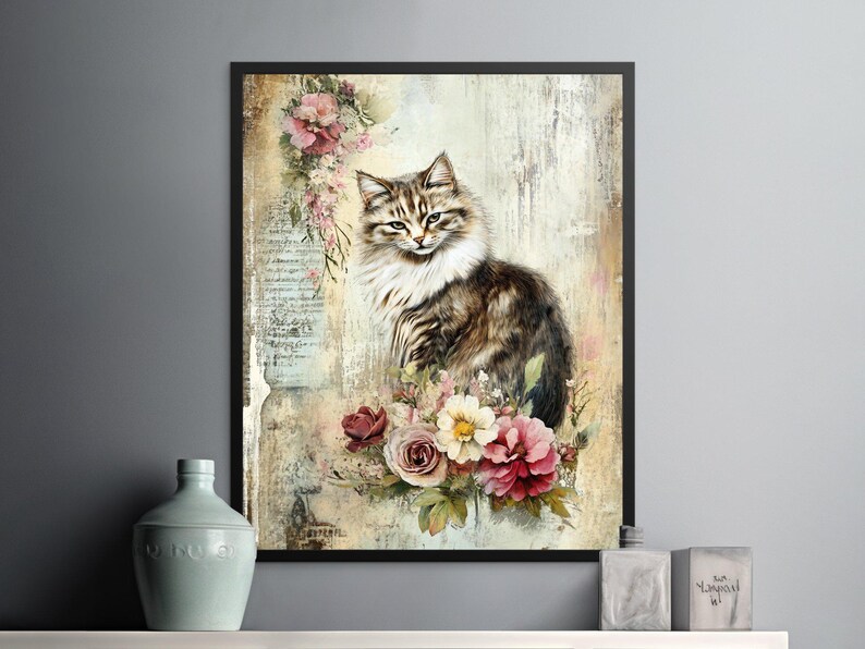 Vintage Cat Poster, Floral Cat Art Print, Romantic Cat Wall Decor