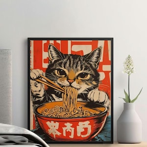 Vintage Cat Eating Noodles Poster, Retro Wall Art, Cool Cat Decor, Asian Inspired Art Print, Unique Gift for Cat Lovers, Kitchen Wall Decor