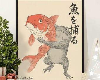 Japanese Ukiyo-e Frog Catching Koi Fish Art Print, Quirky Animal Wall Art, Vintage Aesthetic Canvas Print Poster for Unique Home Decor