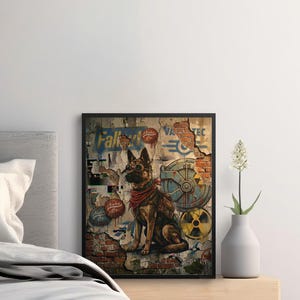 Fallout themed wall art, vintage video game poster, rustic dog print, retro gaming decor, unique wall decor for gamers, framed artwork
