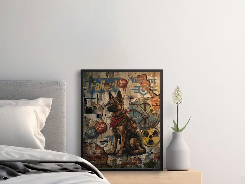 Fallout themed wall art, vintage video game poster, rustic dog print, retro gaming decor, unique wall decor for gamers, framed artwork