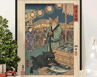 Ukiyo e Cat Poster, Ninja Cat Stealing Fish, Japanese Art Print, Funny Pet Decor