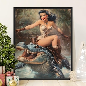Vintage cowgirl riding Alligator wall art, Retro Adventure Poster, Classic Illustrated Print, Unique Home Decor, western themed print, Gift