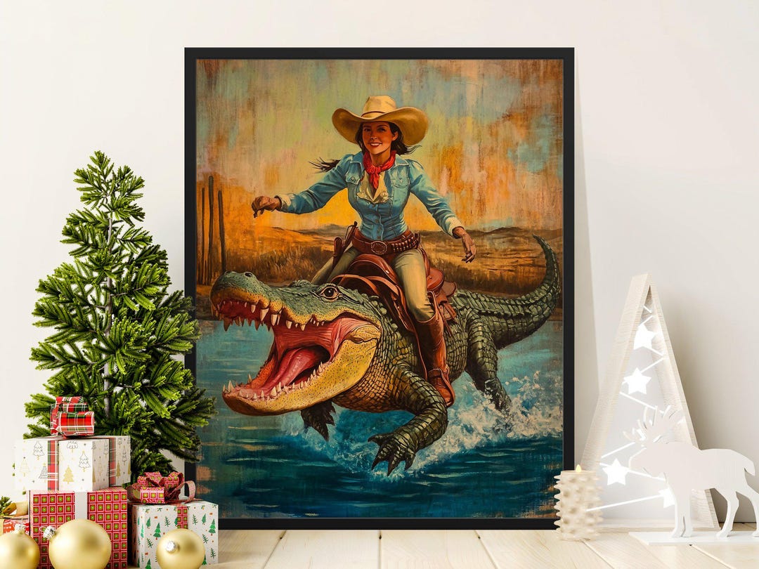 Knight Riding Alligator Western Cowgirl Riding Alligator Poster, Unique Wall Art, Adventure Art ...