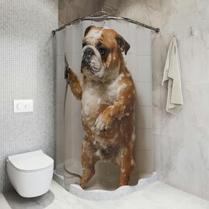 British Bulldog Shower Curtain, Pet Humor Bathroom Decor, Funny Dog Bathing Photo, Wall Hanging Gift, Dog Lover Home Accessories Dog Gift