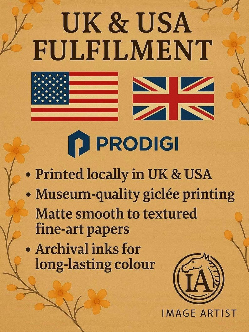 The image is a promotional poster for PRODIGI, a company that specializes in printing materials. The poster highlights the company's commitment to printing locally in both the UK and USA, using museum-quality girée printing techniques to create high-quality, smooth, and textured papers. It also mentions that the materials are suitable for fine-art papers and archival inks, ensuring long-lasting color. The company's logo is prominently displayed at the bottom of the poster.