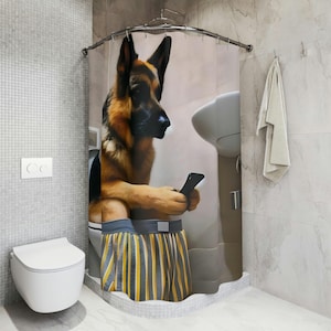 German Shepherd on Toilet Shower Curtain, Pet Bathroom Decor, Funny Dog Lover Gift, Bathroom Accessories, Animal Print Bath Curtain