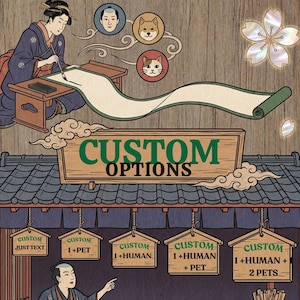 The image is a collage featuring a woman writing on a scroll, a cat, and a dog, along with a sign for custom options.