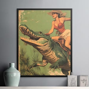 Cowgirl Riding Alligator Art Print, Retro Americana Western Decor, Can Be Customised image 5