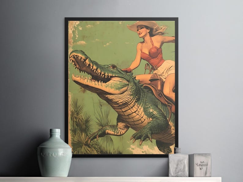 Cowgirl Riding Alligator Art Print, Retro Americana Western Decor, Can Be Customised image 5