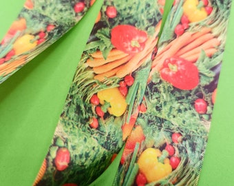 Schleifenband,Geschenkband mit buntem Gemüse,Blumengeschenkband,rotes Geschenkband, sommerliches Geschenkband,textiles Band,4 cm breit,a. 1m