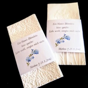 Luto, regalo de luto, pañuelos de luto, funeral, funeral, regalo de invitados, invitados de luto, nomeolvides,