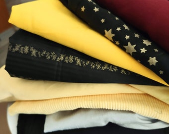 DIY-Stoffpaket,Quilten,Kinder,gelb,verschiedene schwarz gemustert mit gold.bord. 1,3 Kilo,versch. Qualitäten, Baumwolle,Mischgewebe,Jersey