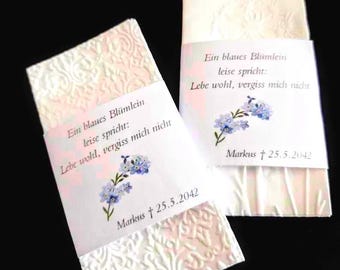Luto, regalo funerario, pañuelos de luto, entierro, orador funerario, funeral, obsequio para invitados, dolientes, nomeolvides