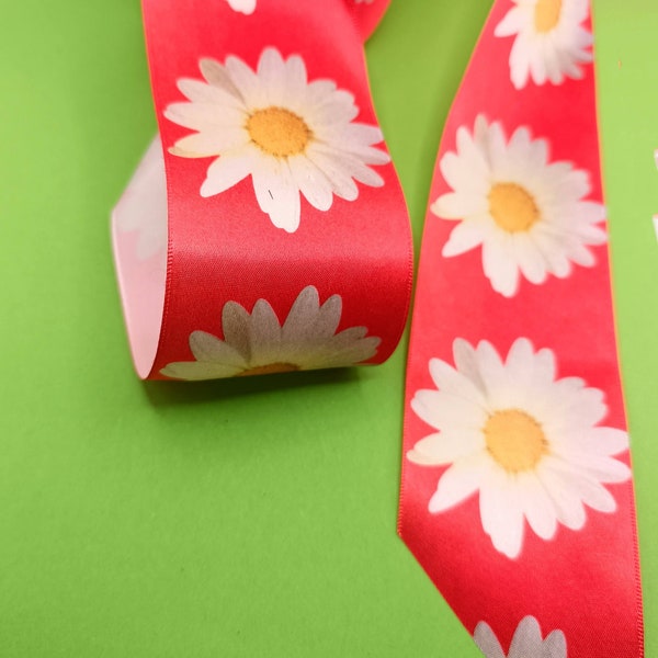 1 Meter Schleifenband,Geschenkband ,Margeriten ,Blumengeschenkband,rotes Schleifenband sommerliches Geschenkband,textiles breit 5,5cm