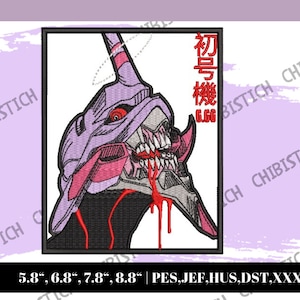 May include: Embroidered patch featuring a purple and red anime character with sharp teeth and a bloody mouth. The character is labeled "初号機" in Japanese. The patch is available in sizes 5.8 inches, 6.8 inches, 7.8 inches, and 8.8 inches.
