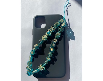 Teal and Gold Beaded Phone Charm Strap