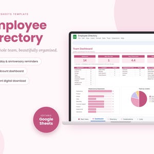 May include: A Google Sheets template for an employee directory displayed on a laptop screen. The interface features a team dashboard with pink data charts, headcount metrics, and birthday reminders. Text includes Employee Directory.