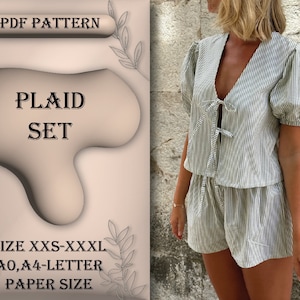 Establecer patrón de costura de top y pantalones cortos de lino, pantalones cortos de verano de lino, top de verano de lino, patrón de costura de conjunto de verano, tamaño XXS-XXXL, A0, A4/papel de carta
