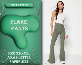 Flare Leg Pants Sewing Pattern, High Waisted Pants, Flare Pants, Sewing Tutorial, Size XS-XXXL, A0, A4/Letter Paper Size