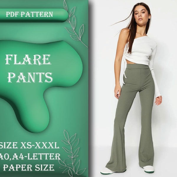 Flare Leg Pants Sewing Pattern, High Waisted Pants, Flare Pants, Sewing Tutorial, Size XS-XXXL, A0, A4/Letter Paper Size