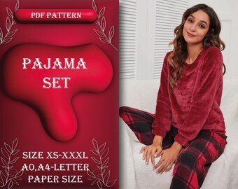 Patrón de costura de pijama para mujer, patrón de pijama, patrón de ropa de dormir, tutorial de costura, talla XS-XXXL, tamaño de papel A0, A4/Carta