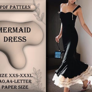 Patrón de costura de vestido de sirena, vestido de fiesta, vestido de boda y fiesta, vestido de graduación, tutorial de costura, tamaño XXS-XXXL, A0, tamaño de papel A4/carta
