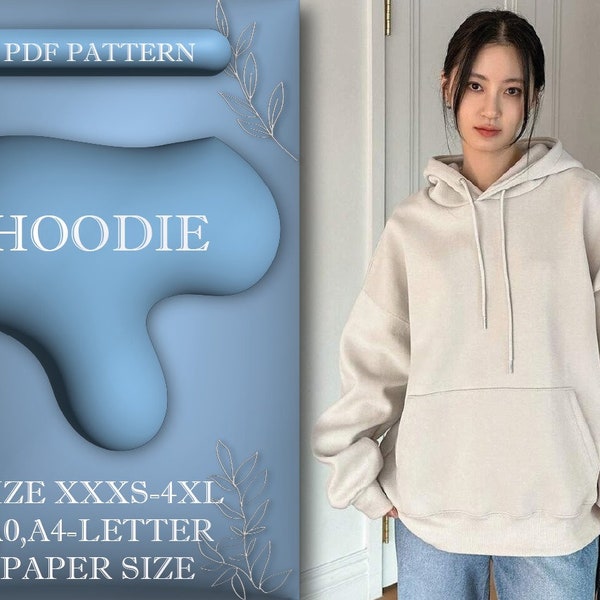 Oversized Hoodie Sewing Pattern, Oversized Hoodie, Women Hoodie, Sewing Tutorial, Size XXXS-4XL, A0, A4/Letter Paper Size