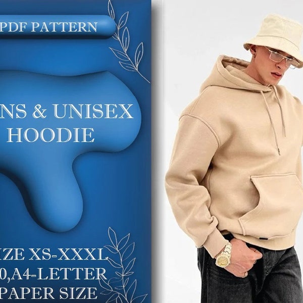 Mens Hoodie Sewing Pattern, Unisex Hoodie, Sewing Tutorial, Size XS-XXXL, A0, A4/Letter Paper Size