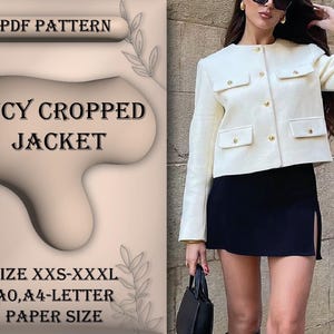 Patrón de costura de chaqueta corta Lucy, chaqueta de tweed, chaqueta corta de tweed, chaqueta formal corta, tutorial de costura, talla XXS-XXXL, A0, tamaño de papel A4/carta