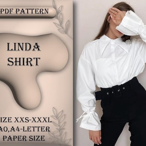 Patrón de costura de camisa Linda, patrón de camisa, patrón de blusa, cordón de mangas detallado, tutorial de costura, tamaño XXS-XXXL, A0, A4/papel de carta