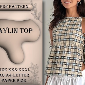 Molde de costura para blusa Aylin, blusa com amarração lateral, molde de blusa, molde de blusa com amarração, moldes de costura para blusa iniciante, tamanho XXS-XXXL, A0, papel A4/carta