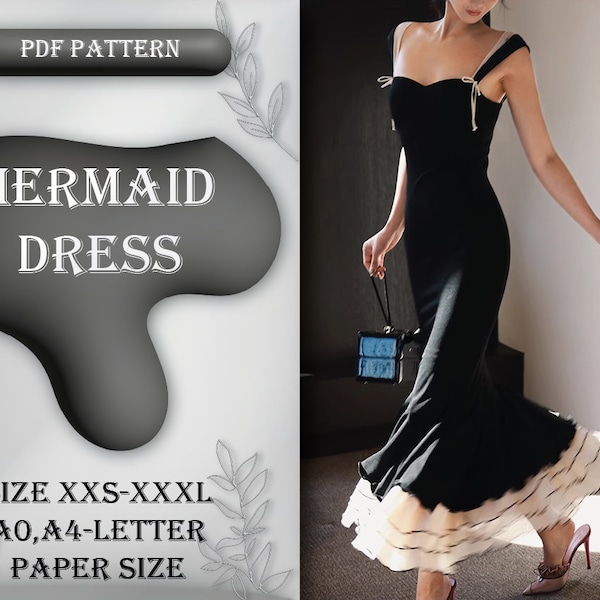 Mermaid Dress Sewing Pattern, Prom Dress, Wedding & Party Dress, Graduation Dress, Sewing Tutorial, Size XXS-XXXL, A0, A4/Letter Paper Size