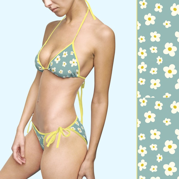Daisy -Chic Floral Print Bikini Set for Women, Trendy Daisy Pattern Swimwear, Summer Beach Essentials, Adjustable Halter Neck Two-Piece Suit