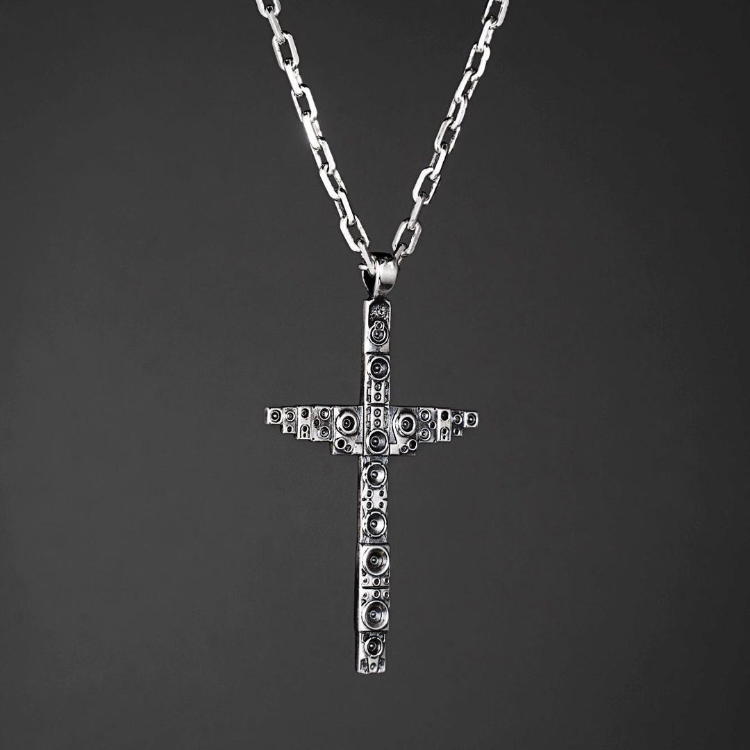 Silver Speaker Cross Necklace, Speaker Cross Pendant, 925 Silver