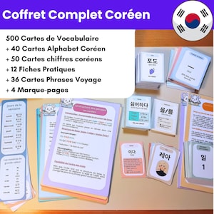 Peut inclure: Un coffret d'apprentissage de la langue coréenne avec des cartes et des guides d'étude. L'ensemble comprend du vocabulaire, l'alphabet, des chiffres, des exercices pratiques, des phrases de voyage et des marque-pages. Les cartes sont en coréen et en français.