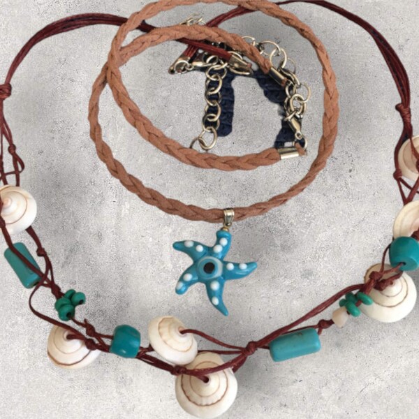 Ocean Breeze Duo Necklace Set - Seashell and Blue Stone Pendant with Suede Star Choker