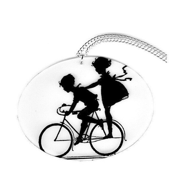 Silhouette Bicycle Riding Oval Necklace