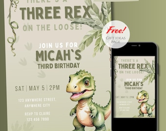 Dinosaurus 3e verjaardagsuitnodiging: Three Rex-feestje, bewerkbare canvassjabloon (digitale download)