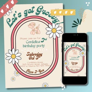 Convite de aniversário infantil dos anos 70, editável, modelo Canva, convite para festa retrô Daisy, personalizável, download digital
