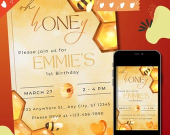 Honey Bee 1st Birthday Invitation: Editable Canva Template (Digital Download)