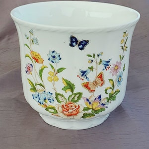 May include: White ceramic planter with a floral and butterfly design. The planter has a scalloped rim and a wide base.