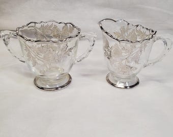 Silver City Flanders Glass Creamer and Sugar Bowl Set with Flowers
