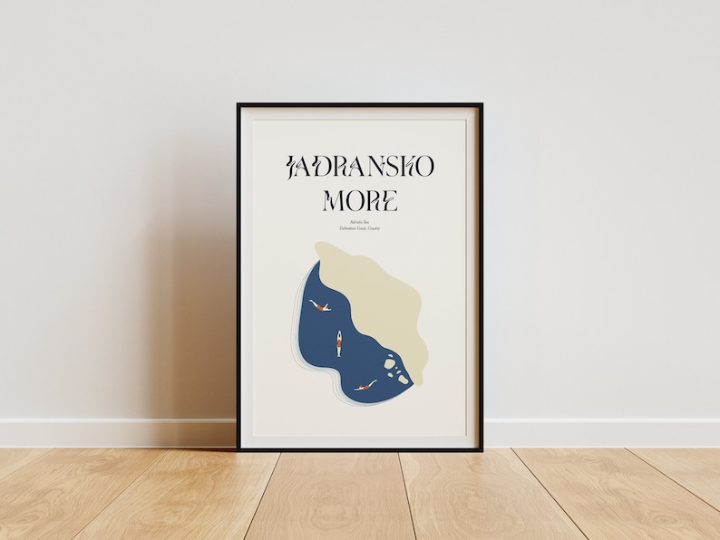 An elegantly designed poster depicting the Adriatic Sea under its local name, "Jadransko More" - the ocean features divers and looks like the silhouette of a woman