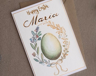 Carte de voeux de Pâques Maria, aquarelle personnalisée faite main, joyeuses pâques avec un oeuf de Pâques, décoration d'intérieur artistique de luxe, idée cadeau de luxe