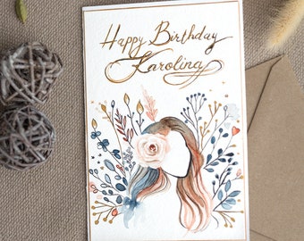 Carte d'anniversaire personnalisée, carte de voeux faite main avec carte aquarelle peinte à la main, illustration d'une fille abstraite, détail intérieur luxueux