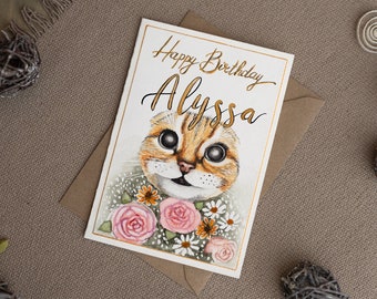 Handmade Birthday Card Personalised Watercolour Art Card Luxury Gift for Friend Cat Lover Custom Made Cat Portrait Luxurious Interior Decor