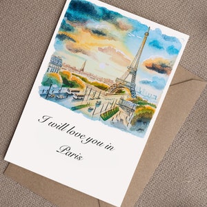 Herunterladbare druckbare digitale transparente Datei kann Personalisierte Geburtstagskarte aus handgemaltem Aquarellkunstwerk-Sonnenuntergang-Paris sein