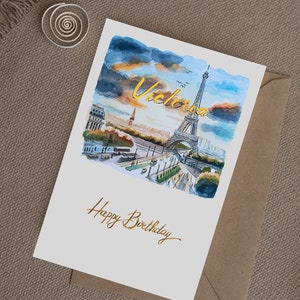 5er-Set Drucke Handgemachte Geburtstagskarte Personalisierte Aquarell Kunstkarte Luxusgeschenk für Freund Sonnenuntergang in Paris Liebhaber Nach Maß
